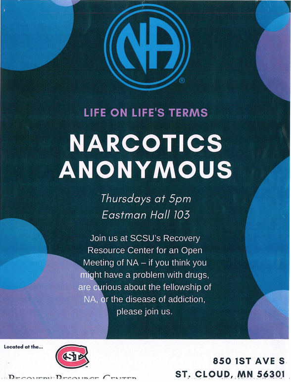 Narcotics Anonymous 5pm Eastman Hall 103 SCSU